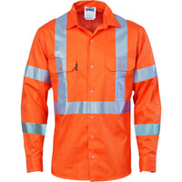 3789 DNC HiVis cool-breeze cotton shirt with double hoop on arms & 'X' back CSR R/tape - long sleeve Orange 3789 DNC HiVis cool-breeze cotton shirt with double hoop on arms & 'X' back CSR R/tape - long sleeve Orange