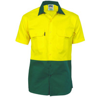 3839 DNC HiVis 2 Tone Cool-Breeze Cotton Shirt - Short Sleeve Yellow/Bottle 3839 DNC HiVis 2 Tone Cool-Breeze Cotton Shirt - Short Sleeve Yellow/Bottle