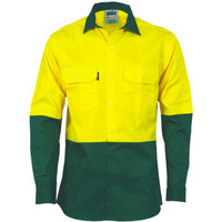 3840 DNC HiVis 2 Tone Cool-Breeze Cotton Shirt - Long sleeve Yellow/Bottle 3840 DNC HiVis 2 Tone Cool-Breeze Cotton Shirt - Long sleeve Yellow/Bottle