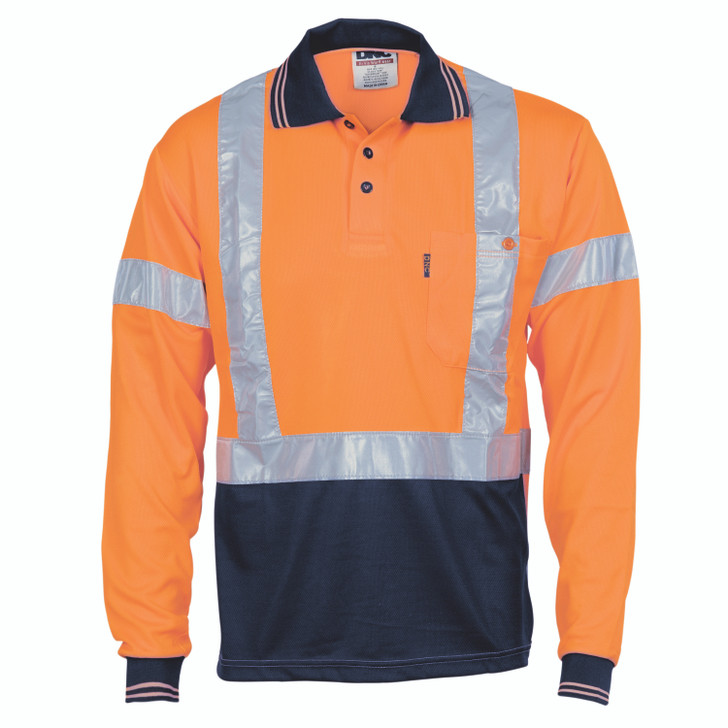 3714 DNC HiVis D/N Cool Breathe Polo Shirt with Cross Back R/Tape - Long Sleeve Orange/Navy