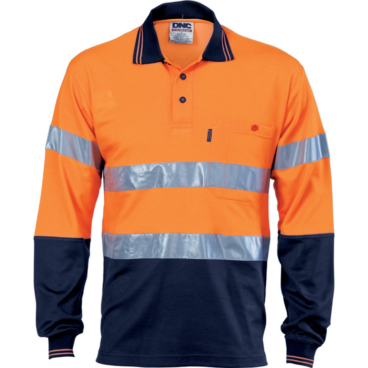 3718 DNC Hi Vis Two Tone Cotton Back Polos with Generic R.Tape - L/S Orange/Navy