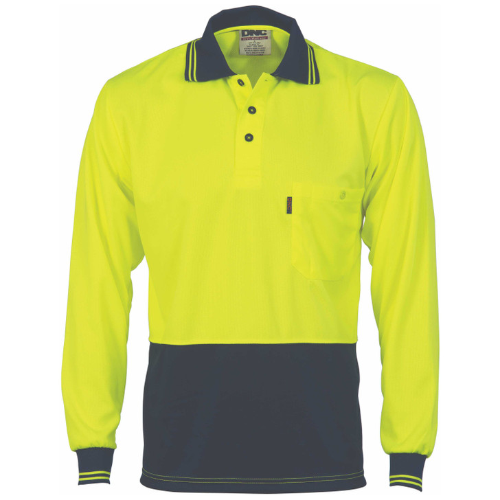 3813 DNC HiVis Two Tone Cool Breathe Polo Shirt, Long Sleeve Yellow/Navy