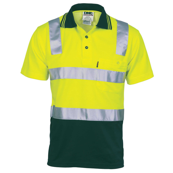 3817 DNC Cotton Back HiVis Two Tone Polo Shirt with CSR R/ Tape - Short sleeve Yellow/Bottle