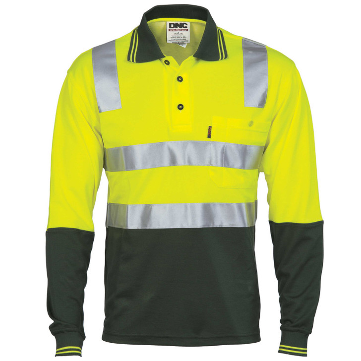 3818 DNC Cotton Back HiVis Two Tone Polo Shirt with CSR R/ Tape - L/S Yellow/Bottle