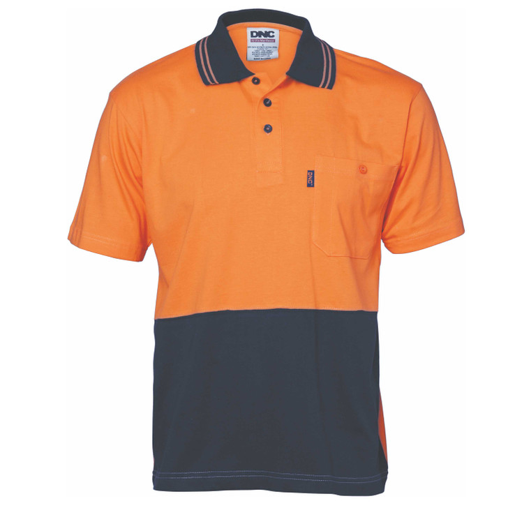 3845 DNC HiVis Cool-Breeze Cotton Jersey Polo Shirt with Under Arm Cotton Mesh - S/S Orange/Navy