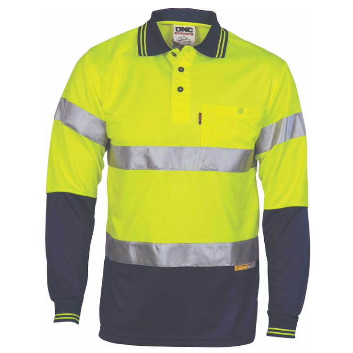 3913 DNC Hivis D/N Cool-Breathe Polo Shirt With 3M 8906 R/Tape - Long Sleeve Yellow/Navy