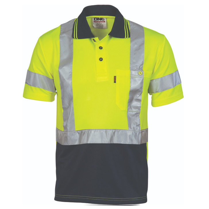 3912 DNC Hivis D/N Cool Breathe Polo Shirt With Cross Back R/Tape - Short Sleeve Yellow/Navy