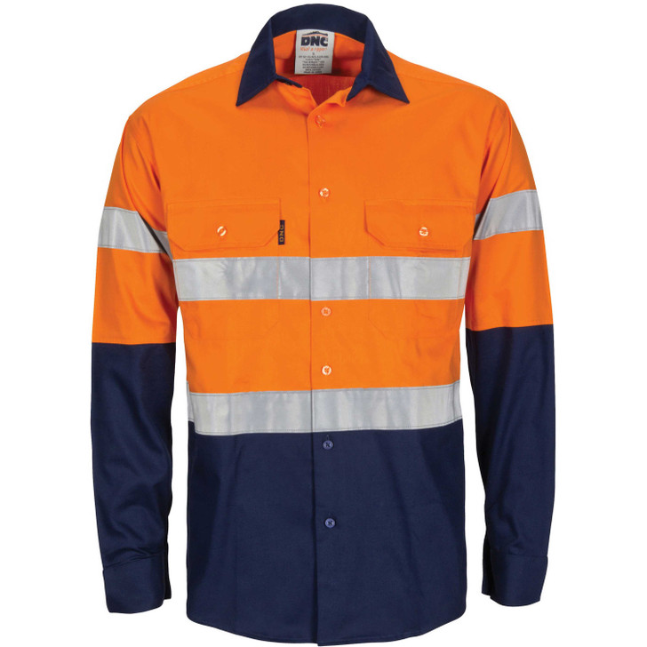 3784 DNC HiVis L/W Cool-Breeze T2 Vertical Vented Cotton Shirt with Gusset Sleeves. Generic Tape - Long sleeve Orange/Navy
