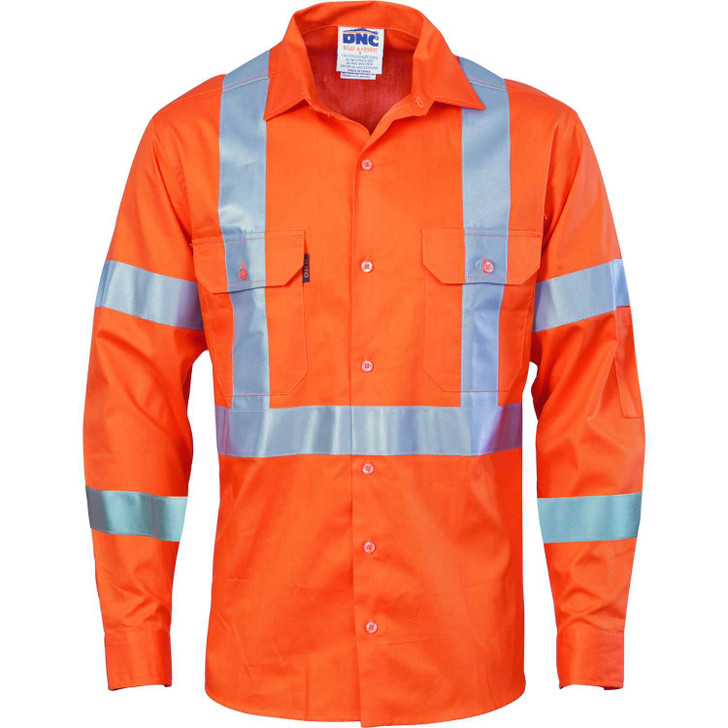 3789 DNC HiVis cool-breeze cotton shirt with double hoop on arms & 'X' back CSR R/tape - long sleeve Orange