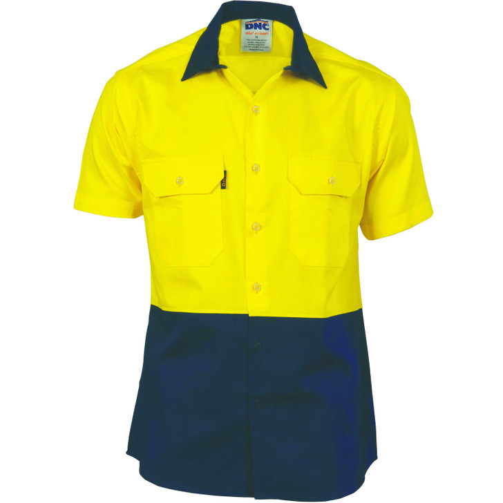 3831 DNC HiVis Two Tone Cotton Drill Shirt - Short Sleeve Yellow/Navy