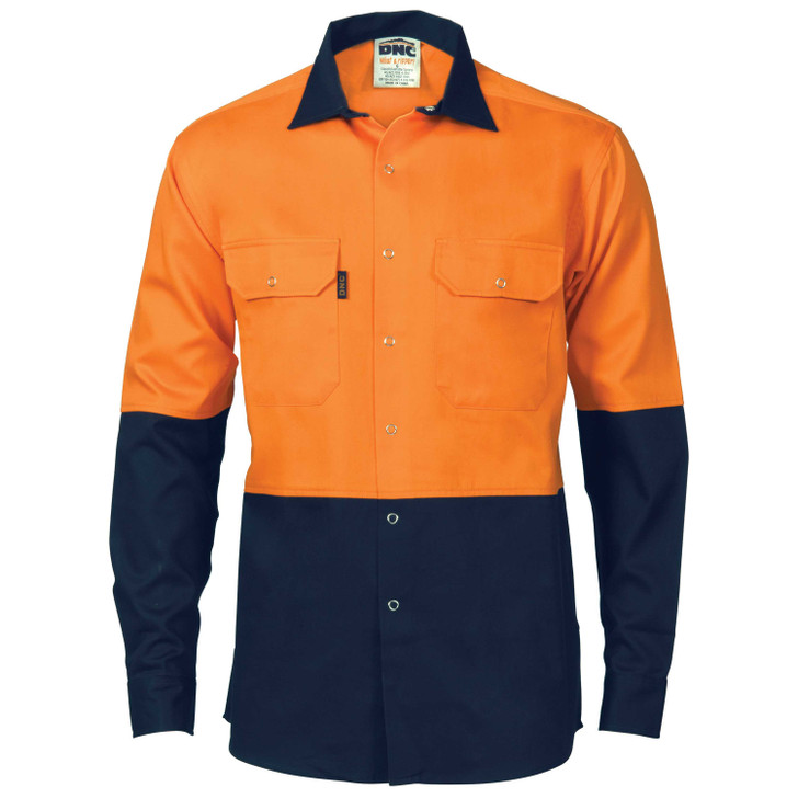 3838 DNC HiVis Two Tone Drill Shirt with Press Studs Orange/Navy