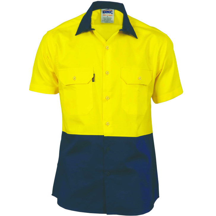 3980 DNC HiVis Two Tone Cotton Drill Vented Shirt - Short Sleeve Yellow/Navy