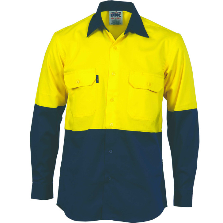 3981 DNC HiVis Two Tone Cotton Drill Vented Shirt - Long Sleeve Yellow/Navy
