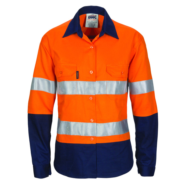 3786 DNC Ladies HIVIS Cool-Breeze Cotton Shirt with CSR R/Tape - Long Sleeve Orange/Navy