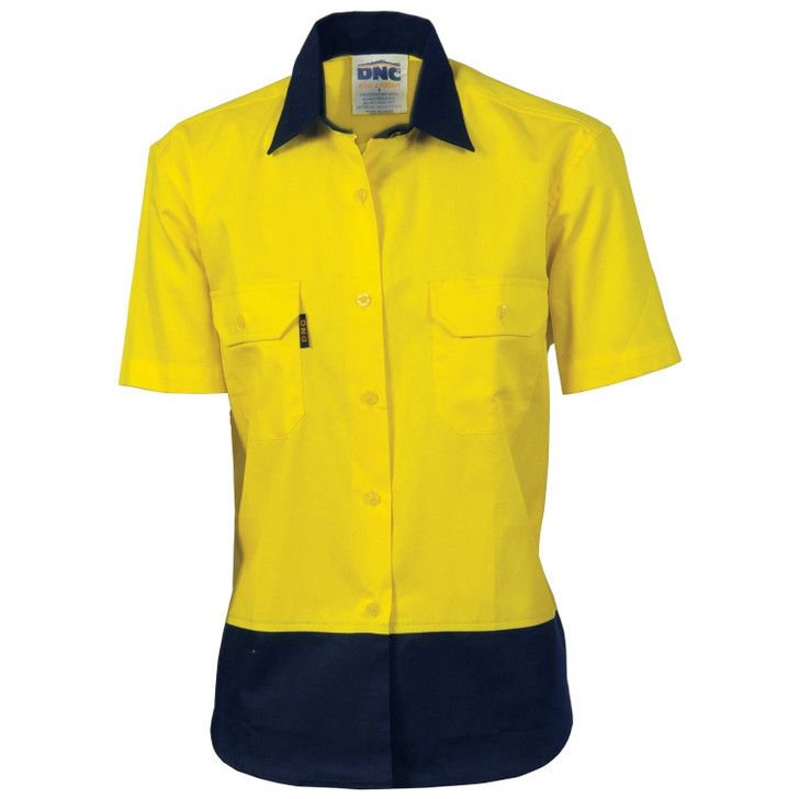 3931 DNC Ladies HiVis Two Tone Cotton Drill Shirt - Short Sleeve Yellow/Navy