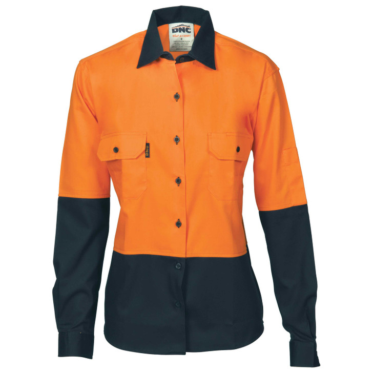 3932 DNC Ladies HiVis Two Tone Cotton Drill Shirt - Long Sleeve Orange/Navy