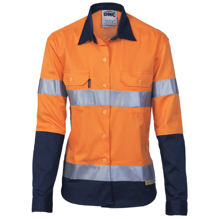 3936 DNC Ladies HiVis Two Tone Drill Shirt with 3M R/Tape - Long sleeve Orange/Navy
