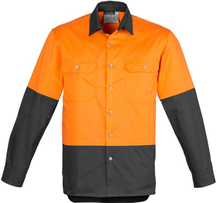 Syzmik Workwear ZW122 Mens Hi Vis Spliced Industrial Shirt Orange/Charcoal