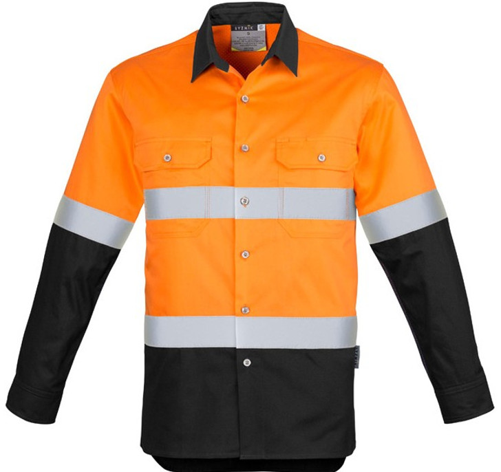 Syzmik Workwear ZW123 Mens Hi Vis Spliced Industrial Shirt - Hoop Taped Orange/Black