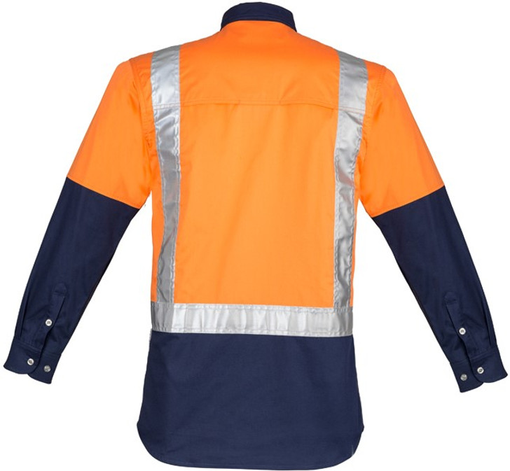 Syzmik Workwear ZW124 Mens Hi Vis Spliced Industrial L/S Shirt - Shoulder Taped Orange/Navy Back
