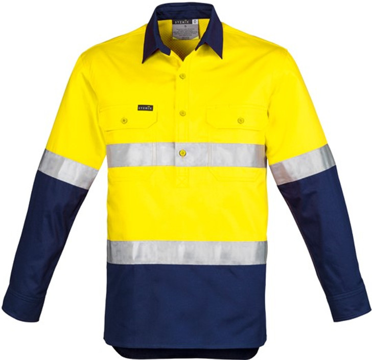 Syzmik Workwear ZW550 Mens Hi Vis Closed Front L/S Shirt - Hoop Taped Yellow/Navy