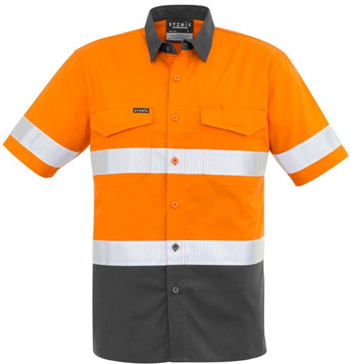 Syzmik Workwear ZW835 Mens Rugged Cooling Taped Hi Vis Spliced S/S Shirt Orange/Charcoal