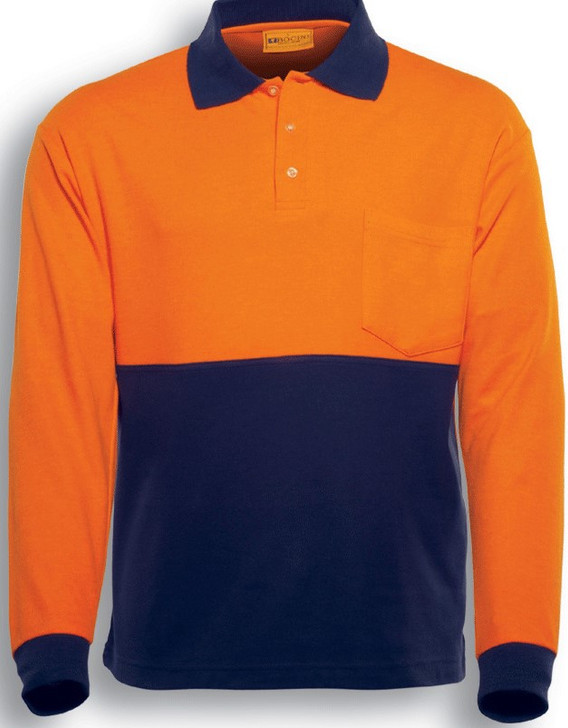 SP0380 Bocini Adults Hi-Vis Poly/Cotton Polo - L/S Orange/Navy