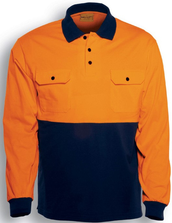 SP1011 Bocini Adults Hi-Vis Cotton Jersey Polo L/S Orange/Navy