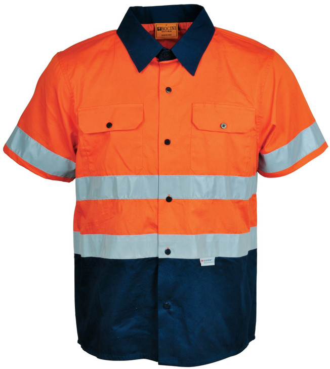 SS1231 Bocini Adults Hi-Vis S/S Cotton Drill Shirt With Reflective Tape Orange/Navy
