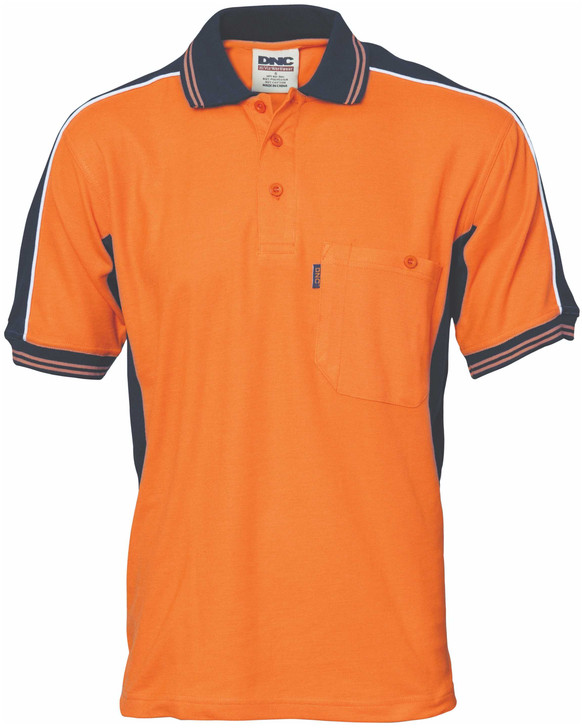 3895 DNC Poly/Cotton Contrast Panel Polo - Short Sleeve Orange/Navy