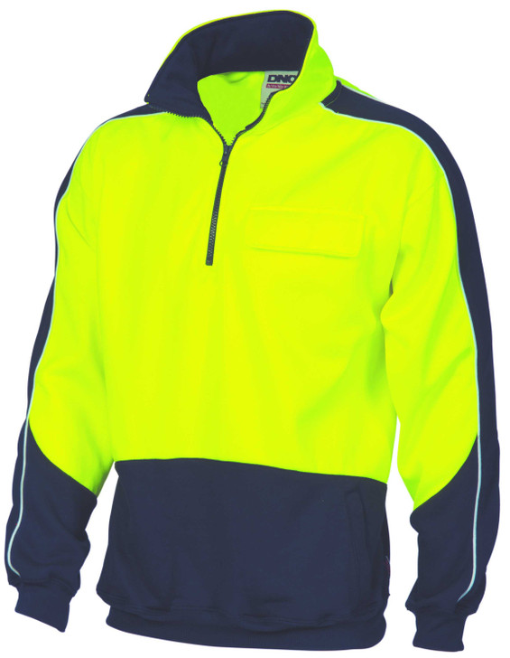 3823 DNC HiVis 2 Tone 1/2 Zip Hi-Neck Panel Fleecy Windcheater Yellow/Navy