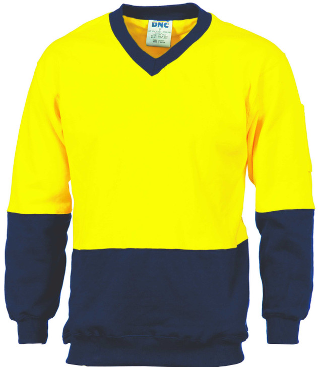 3922 DNC HiVis Two Tone Cotton Fleecy Sweat Shirt V-Neck Yellow/Navy