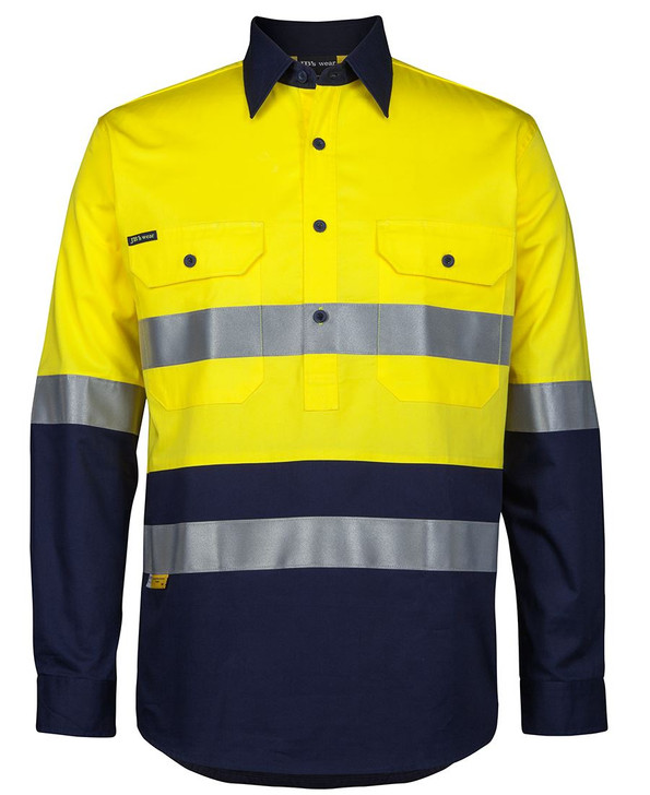 6HWCS JB's Wear Hi Vis (D+N) Close Front L/S 150g Work Shirt Yellow/Navy