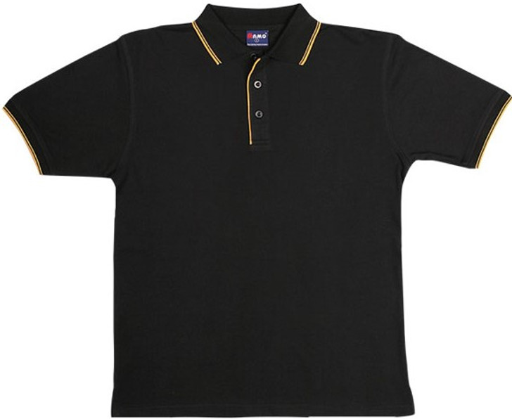 P814HB Mens Double Stripe Trim Collar Polo Black/Gold