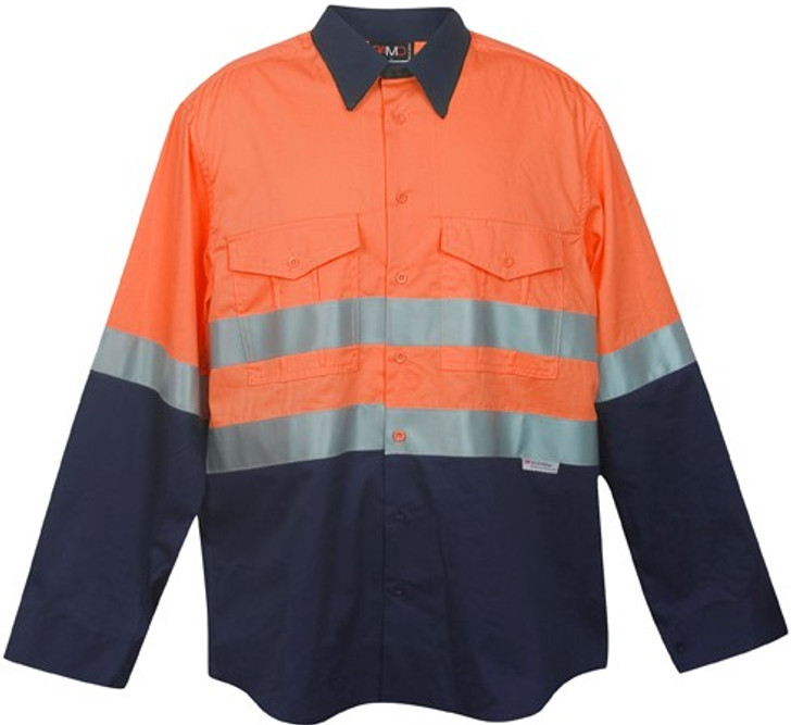 S007LP 100% Combed Cotton Drill Long sleeve Shirt-3M Orange/Navy