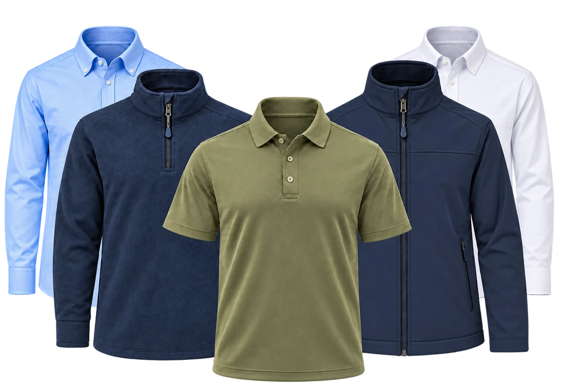 Corporate uniform range with light blue and white business shirts, navy quarter-zip jumper, olive polo and navy jacket
