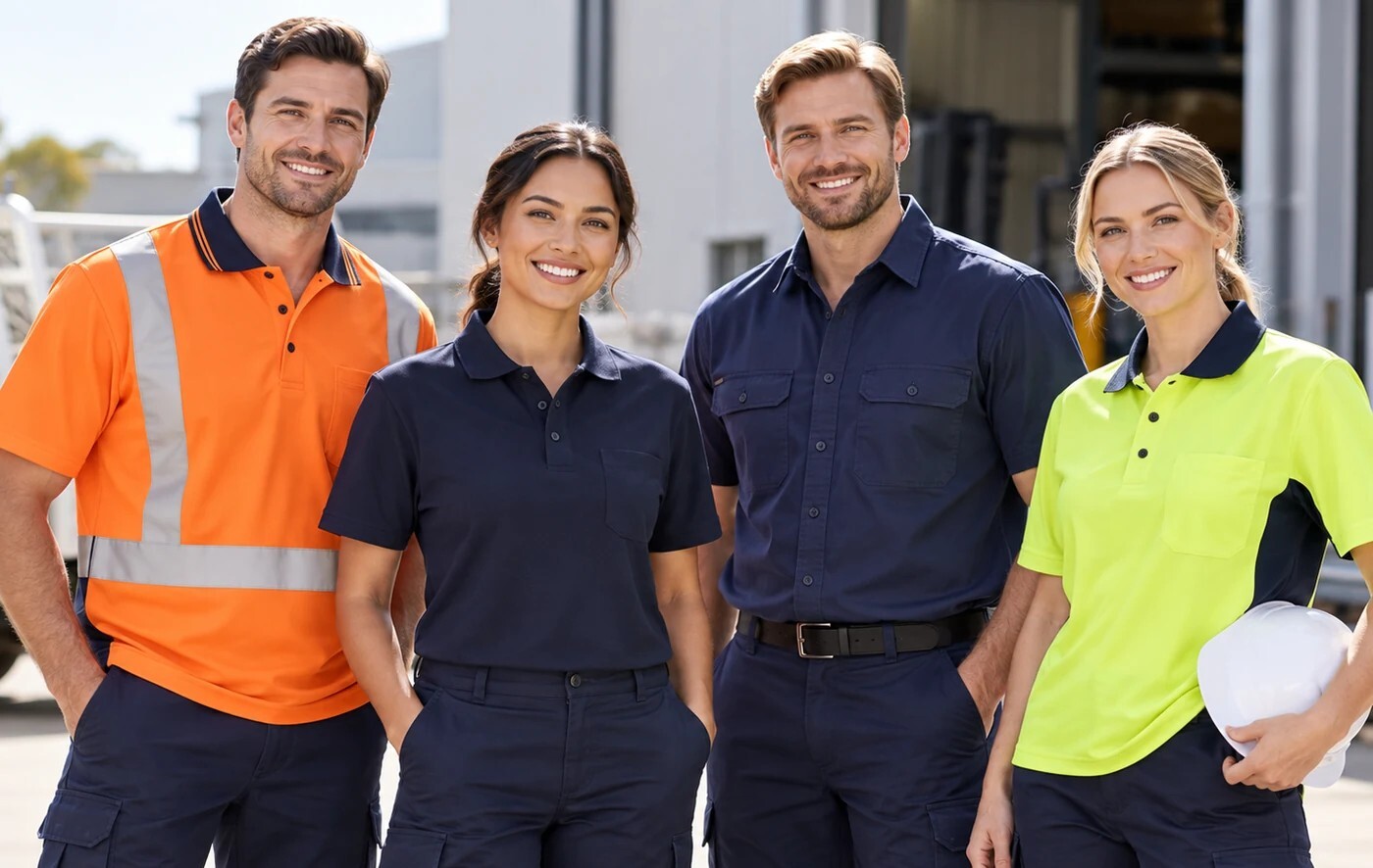 Staff uniform team wearing polos, work shirts and high-visibility workwear