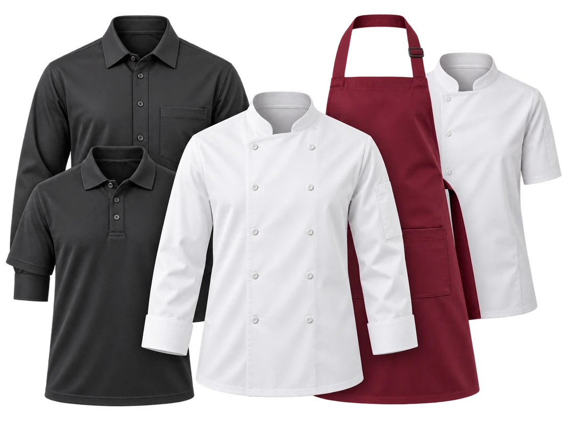 Hospitality uniform range with black garments, a white chef jacket and burgundy apron