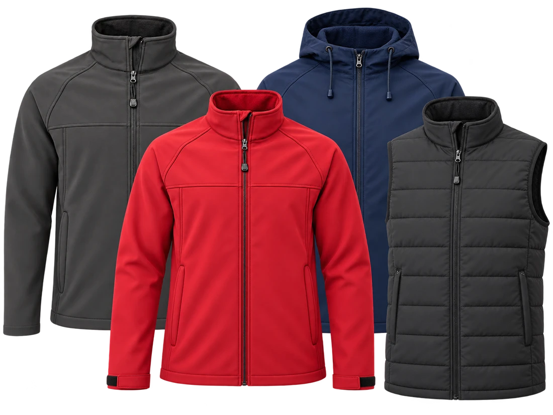 Red, navy, grey and black outerwear garments