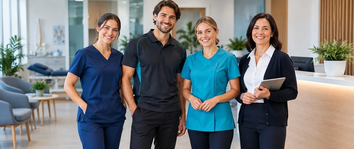 Healthcare team in coordinated clinical allied health and administration uniforms