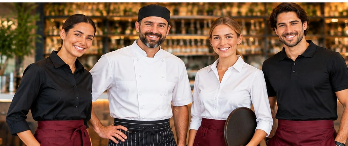 Hospitality team in coordinated front-of-house and chef uniforms