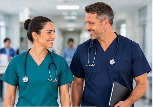 Healthcare team in coordinated uniforms across clinical and administration roles
