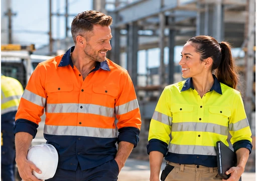 Trades and workwear team wearing orange and yellow high-visibility clothing
