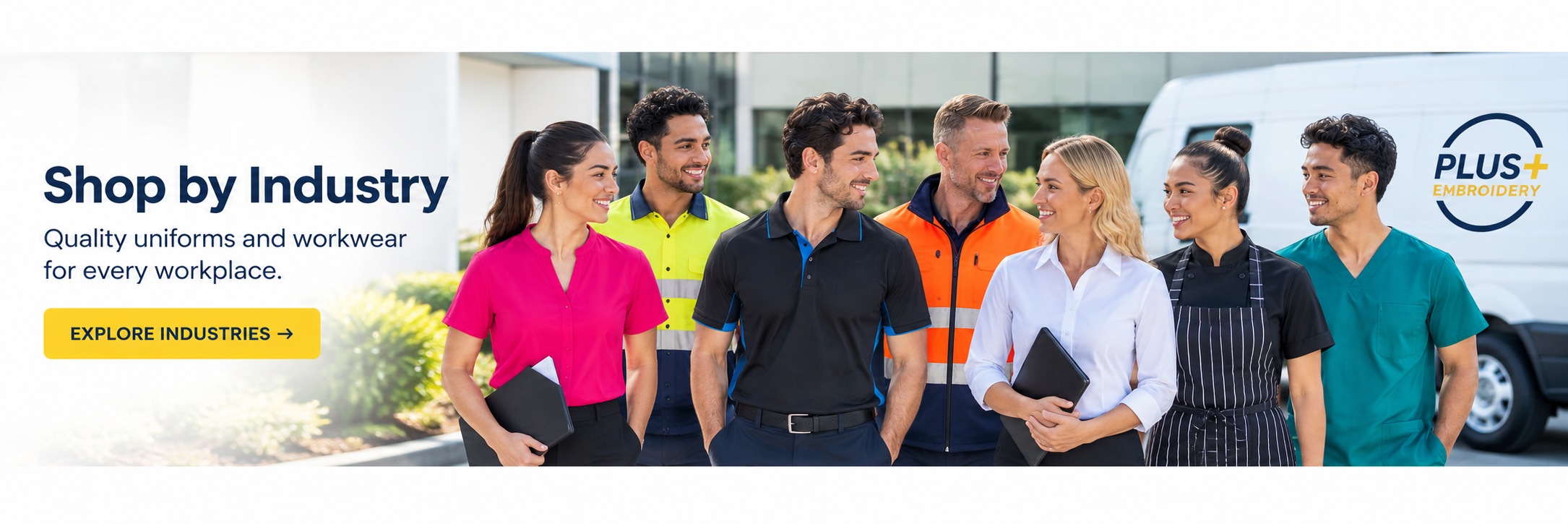 People wearing corporate, workwear, hospitality and healthcare uniforms