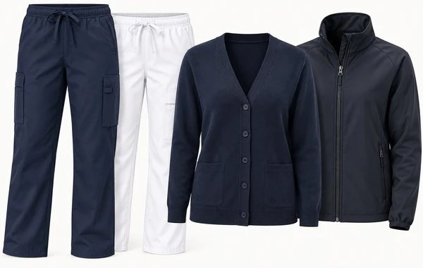 Healthcare pants, jackets and outer layers for coordinated staff uniforms