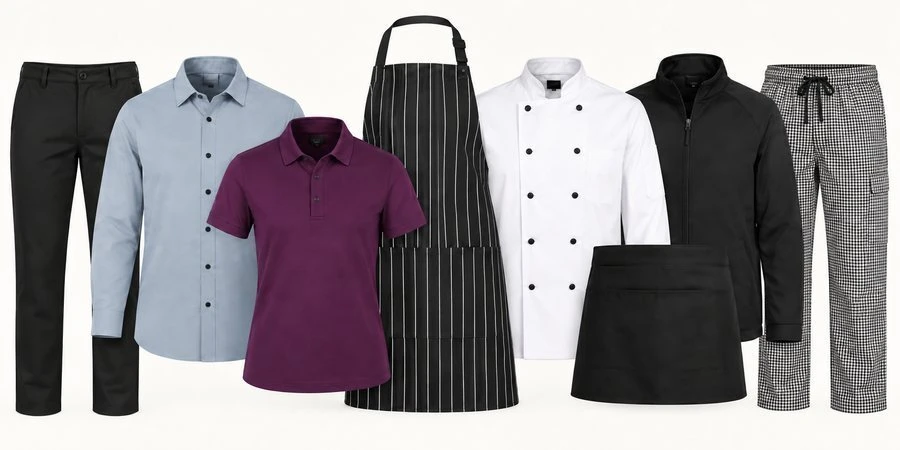 Coordinated hospitality uniforms including shirt, polo, apron, chef jacket and chef pants