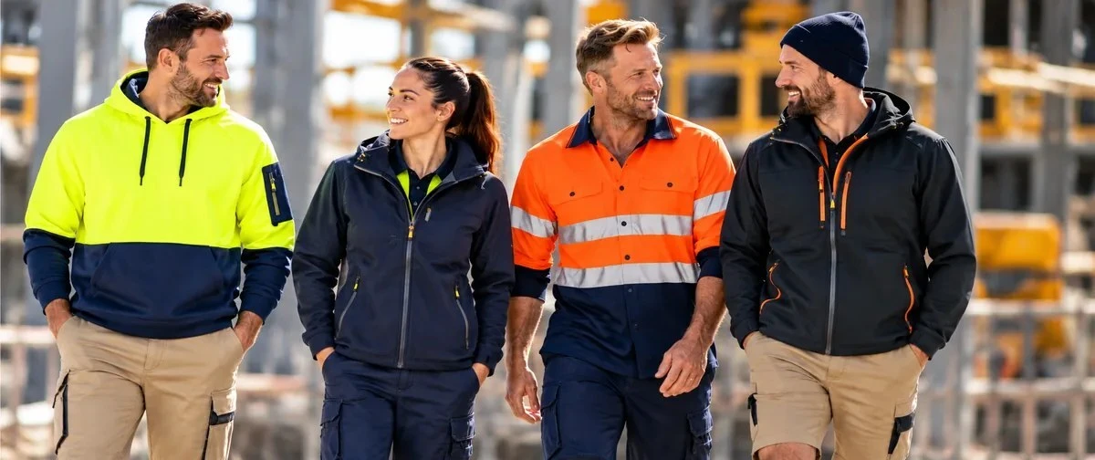 Yellow orange and navy high-visibility workwear garments