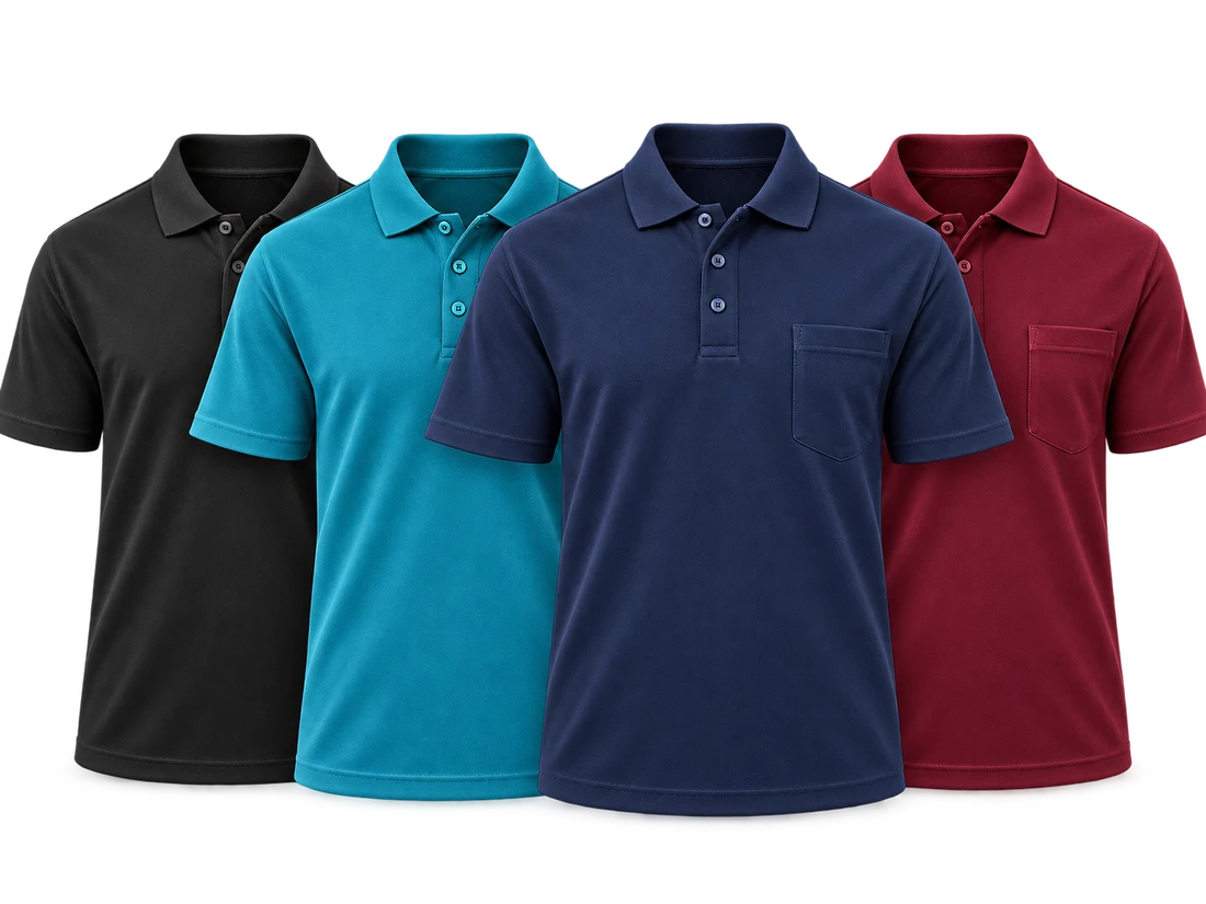 Black, teal, navy and burgundy polo shirts