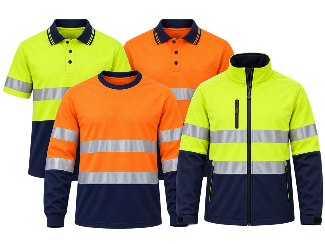 Yellow, orange and navy high-visibility workwear garments