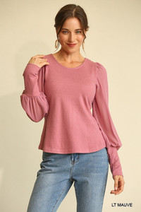 Solid Knit And Chiffon Mixed Top With Puff Long Sleeve-41227 Solid Knit And Chiffon Mixed Top With Puff Long Sleeve-41227